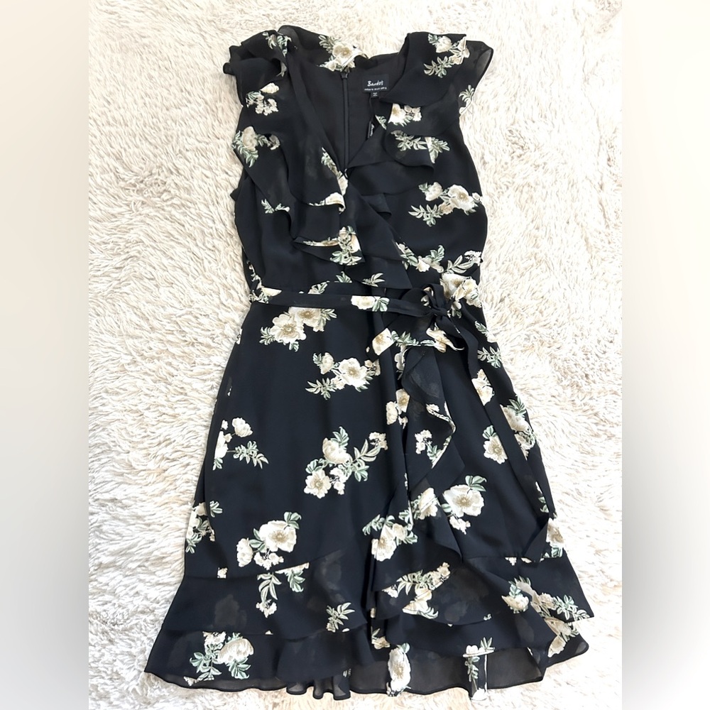 Bardot Floral Print Ruffled Faux-Wrap Black and Ivory Cap Sleeve dress, size S
